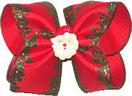 Large Red Satin with Glitter Holly Edging over Red with Santa Face Miniature Double Layer Overlay Bow